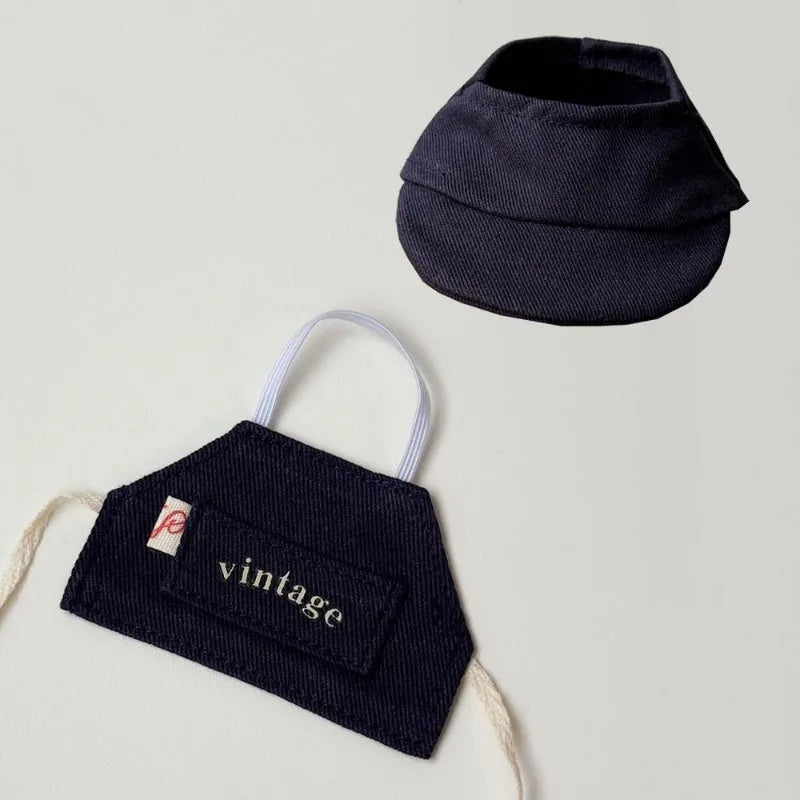 Clothes suitable for dolls -17cm vintage baseball cap apron set, 17cm accessories, cute doll clothes dress up in a unique style Qme Navy Blue
