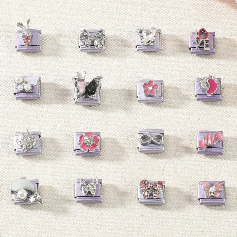Fashion Zircon Bow Butterfly Cute Rabbit Italian Charms Links DIY Stainless Steel Bracelet Accessories Women Jewelry Making Gift Qme