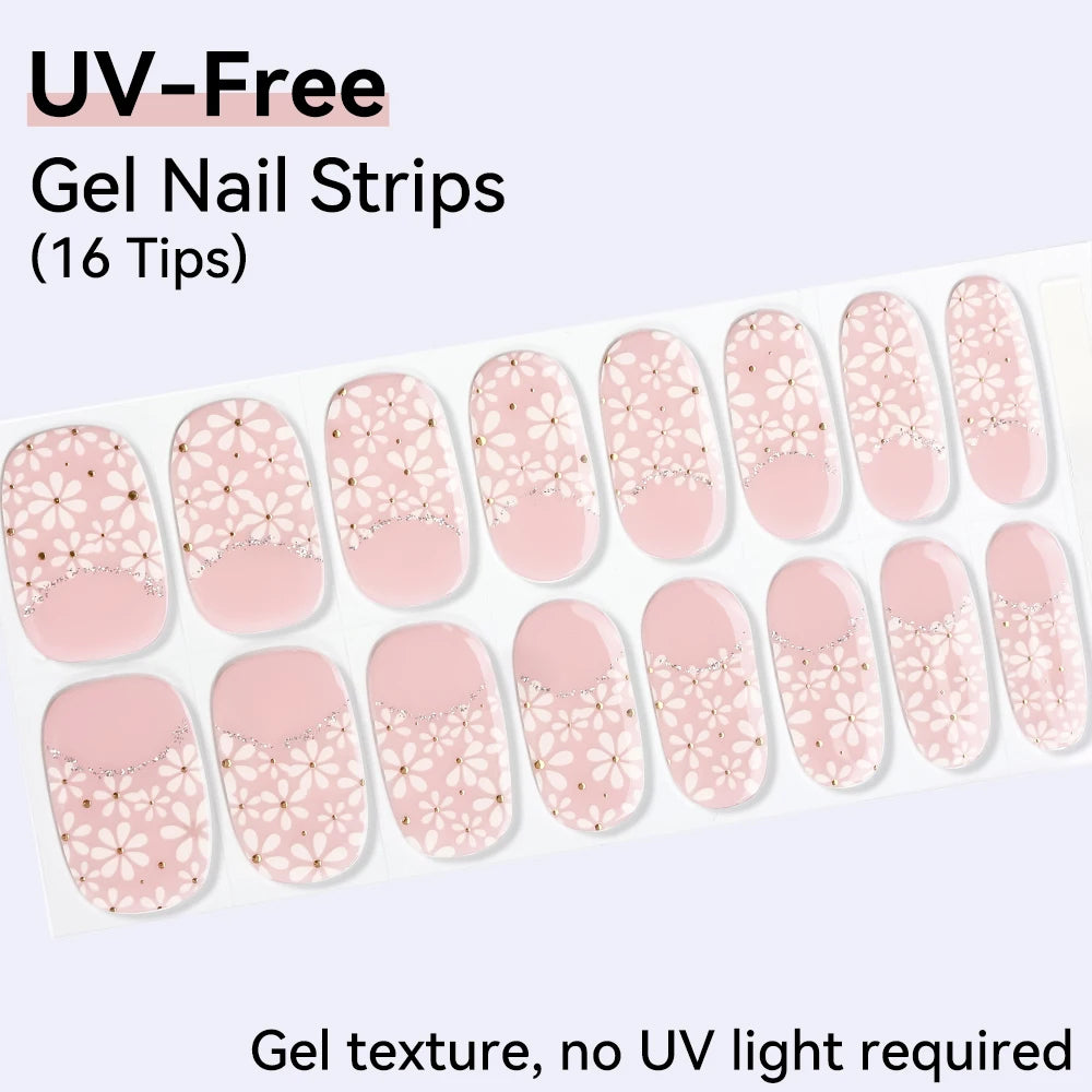 16Tips Pink Red French UV-Free Gel Nail Stickers Sparkly Shinning