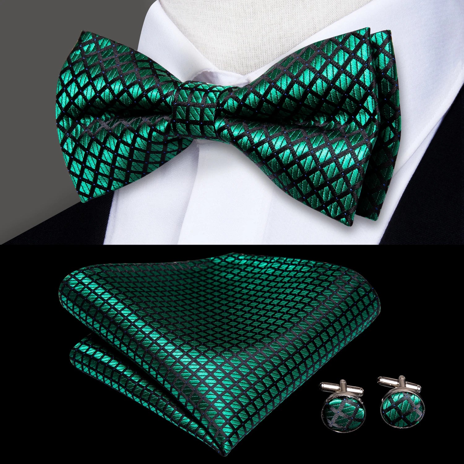 Hi-tie Silk Mens Striped Bow Tie Royal Blue Red Hanky Cufflinks Qme LH-0558