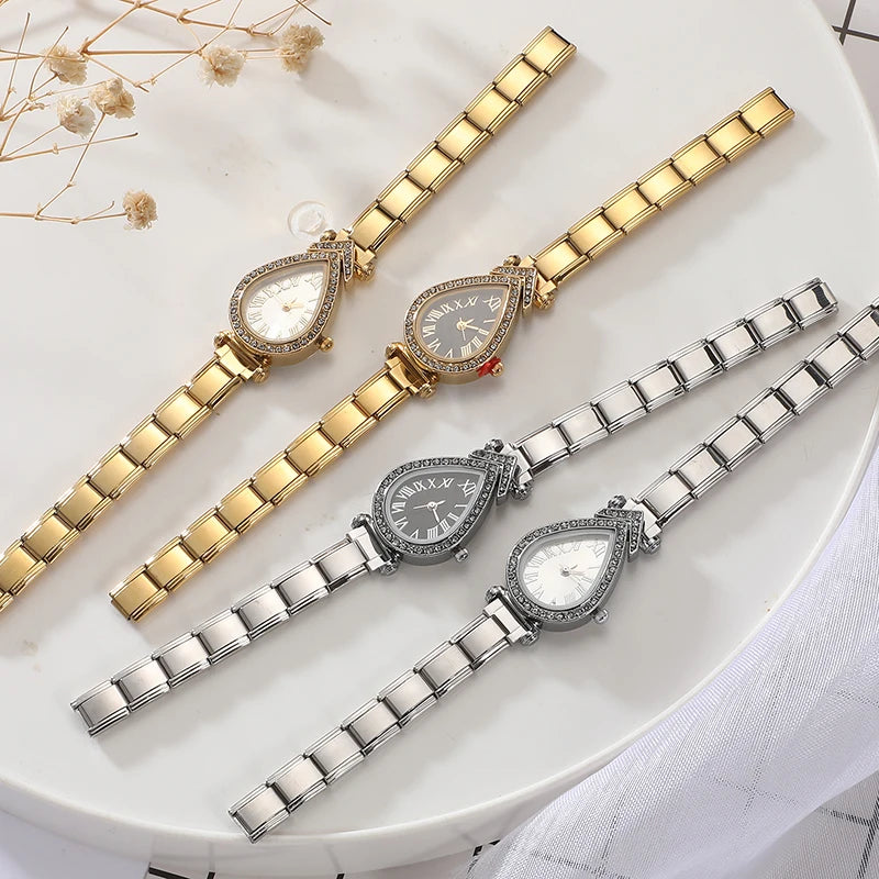 Women's Men's High Quality Stainless Steel Retro Golden Water Drop Shape Chic Design Watch Bracelet Bangle for Birthday DIY Gift Qme