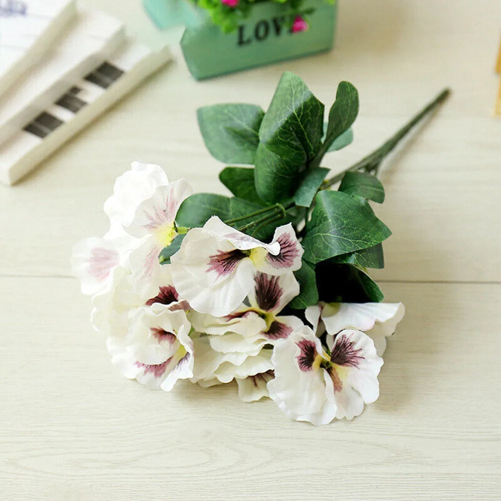10 Heads Artificial Pansy Fake Flower European Multicolor Fake Bridal Flower Bouquet Wedding Home Party Decoration Flowers Qme White