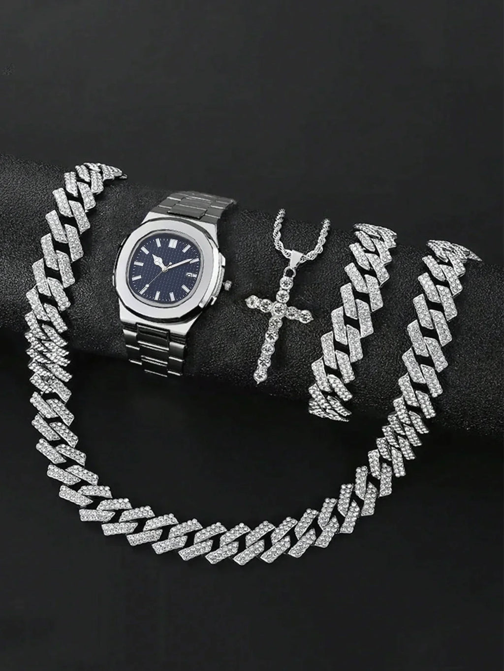 Men's Bling Jewelry Set: Silver Iced Out Watch + Cuban Link Chain + Bracelet + Cross Pendant Necklace, 4Pcs Hip Hop Set Qme