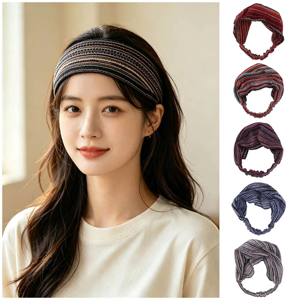 Retro Pearl Women Head Wraps Multicolor Wide-brimmed Turban Headband Qme