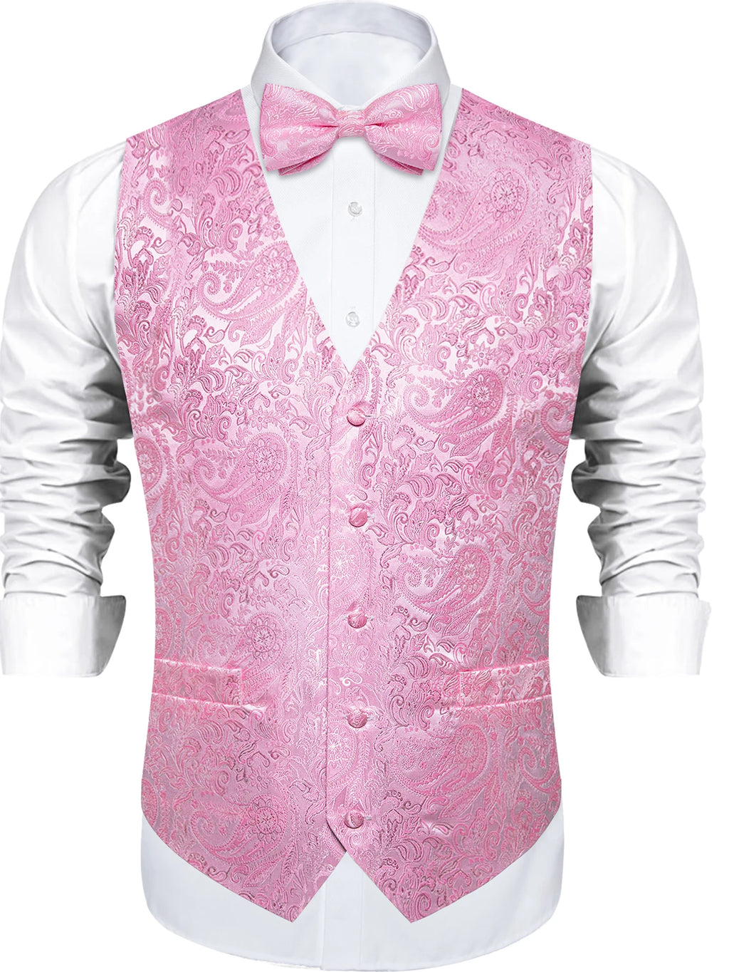 Men's Pink Paisley Suit Vest & Bow Tie Set – Formal Waistcoat with Tie, Jacquard for Weddings and Festive Events Qme MJ-0602 XXL