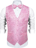 Men's Pink Paisley Suit Vest & Bow Tie Set – Formal Waistcoat with Tie, Jacquard for Weddings and Festive Events Qme MJ-0602 XXL