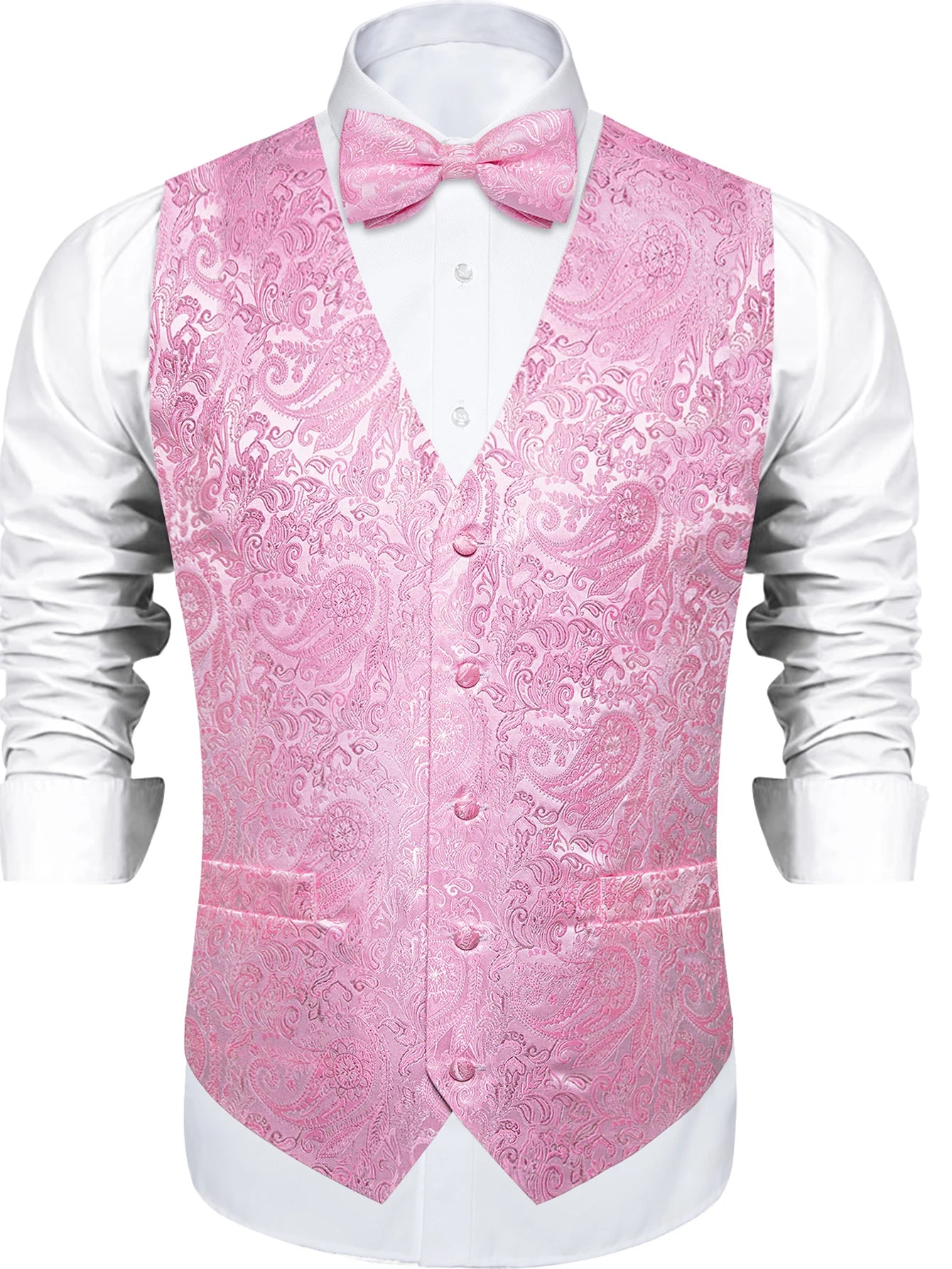 Men's Pink Paisley Suit Vest & Bow Tie Set – Formal Waistcoat with Tie, Jacquard for Weddings and Festive Events Qme MJ-0602 XXL
