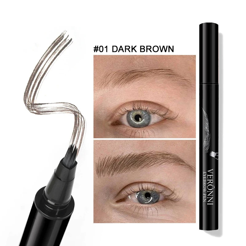VERONNI 4 Colors Eyebrow Pen Fork Tip Liquid Waterproof Pencil Long Qme 01Dark Brown