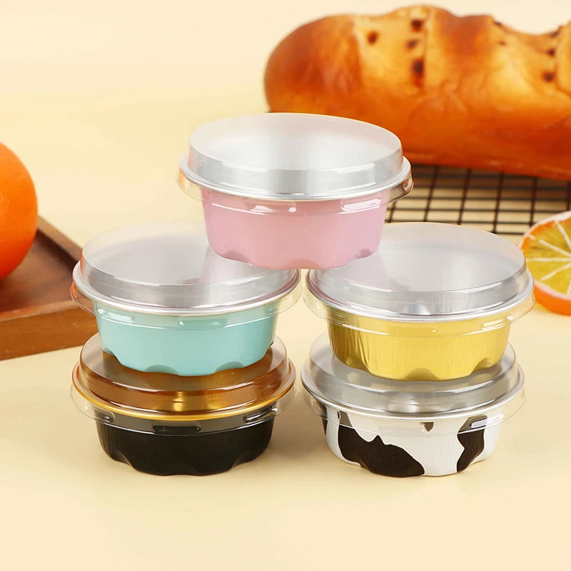 Round Baking Cups Aluminum Foil Wih Lids Reusable Cupcake Desserts Qme