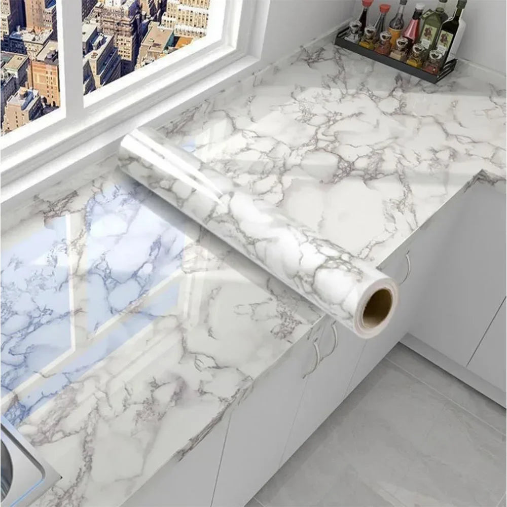 40cm Marble Waterproof Oil Resistant Mildew Proof Self-Adhesive PVC Wall Sticker for Cabinets Kitchen Countertops Wallpaper Qme