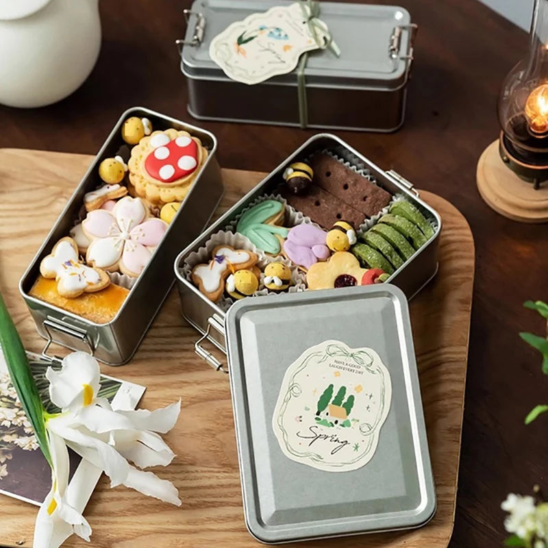 Rectangular Tinplate Cookie Tins Box Lid Dustproof Home Kitchen Qme