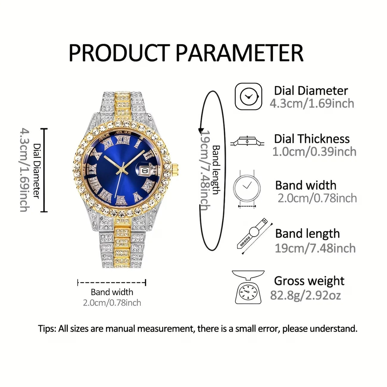 3/4 pcs Men's Luxury Stainless Steel Quartz Watch Gold Timer Wristwatch Necklace and Cross Pendant Qme