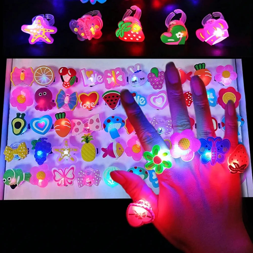 20/50pcs Cartoon LED Luminous Finger Rings Animal Flower Light Up Finger Ring Toys Glowing Rings Glow in The Dark Party Supplies Qme