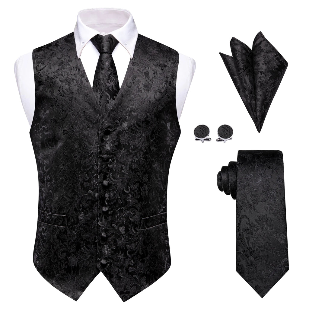 Mens All Black Suit Vest Tie Hanky Cufflinks Set Floral Paisley Waistcoat Sleeveless Jacket Necktie for Male Wedding Busniess Qme MJ-9005 XL