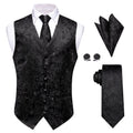 Mens All Black Suit Vest Tie Hanky Cufflinks Set Floral Paisley Waistcoat Sleeveless Jacket Necktie for Male Wedding Busniess Qme MJ-9005 XL