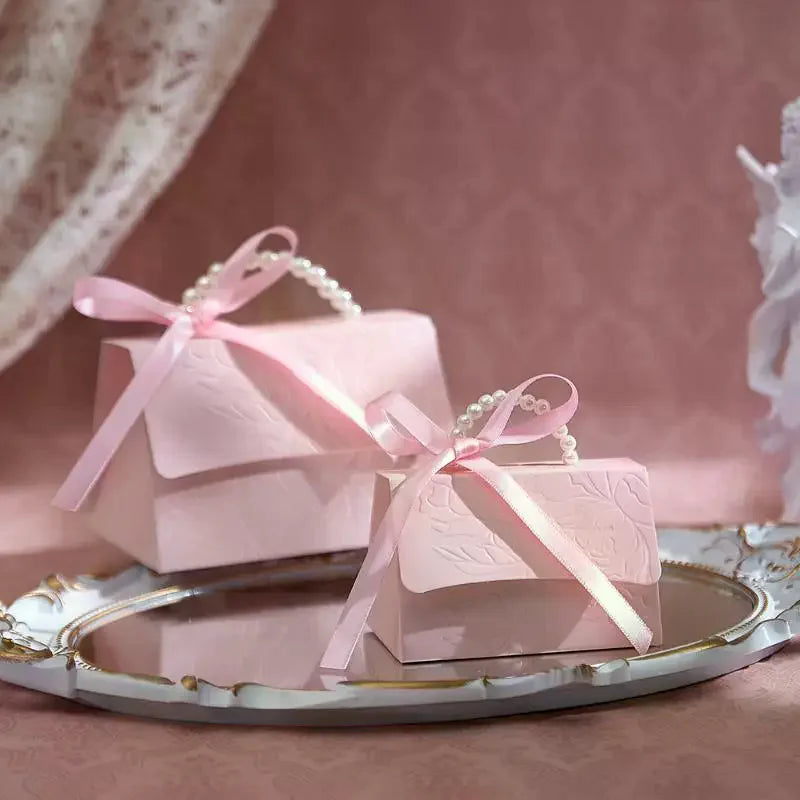 10PCS Pink Pearl Portable Gift Box Wedding Portable Ribbon Souvenir Wedding Candy Paper Box DIY Party Packaging Supplies Qme