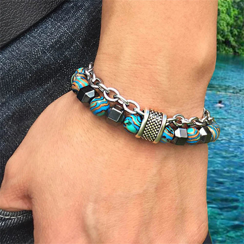 New Cool Fashion Peacock Stone Black Gallstone Metal Bead Bracelet Hip Hop Punk Daily Matching Jewelry Trend Accessories Qme