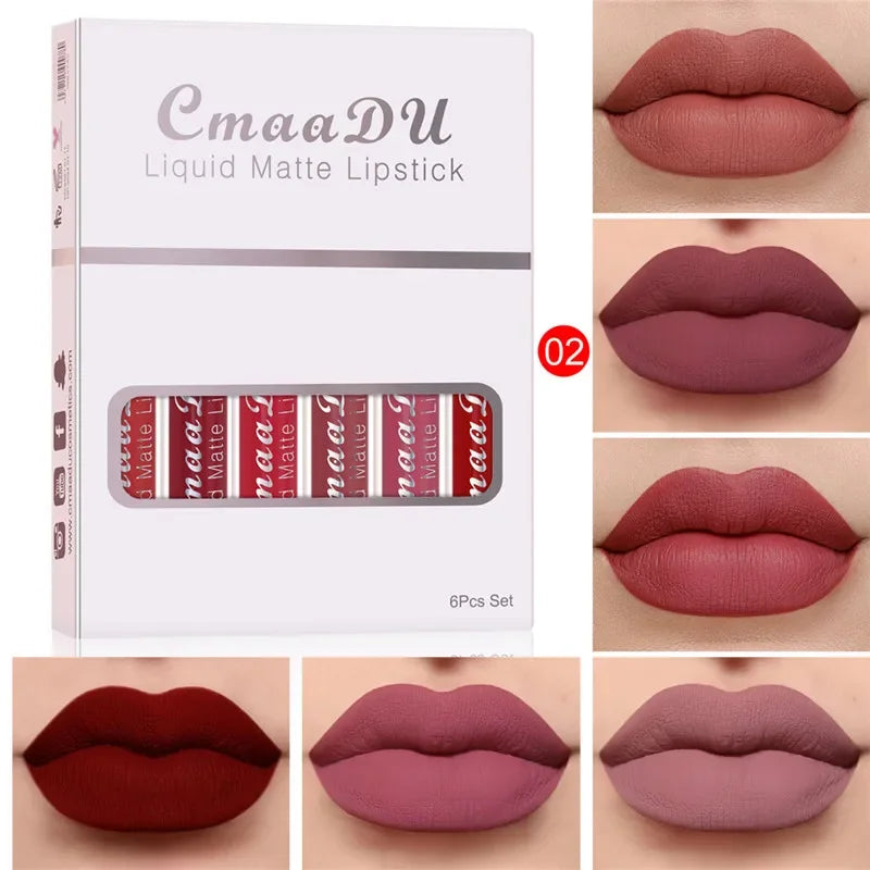 6 Colors/Set Fashion Matte Lip Gloss Sets Natural Moisturize Waterproof Lasting Velvet Sexy Red Liquid Lipstick Beauty Cosmetic Qme 02-6Pcs