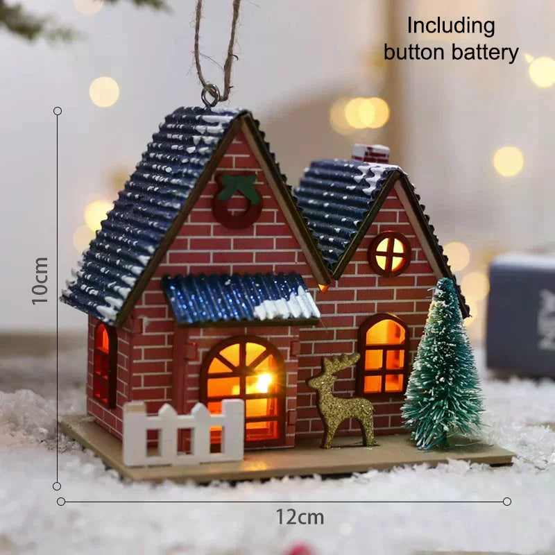 LED Wooden Christmas House Mini Xmas Snow Houses Wooden Winter Village Building Figurines Table Ornaments Holiday Party Decor Qme