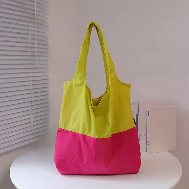 Color-block Patchwork Foldable Shopping Bag Eco-friendly Large Capacity Portable Waterproof Shoulder Bag Qme