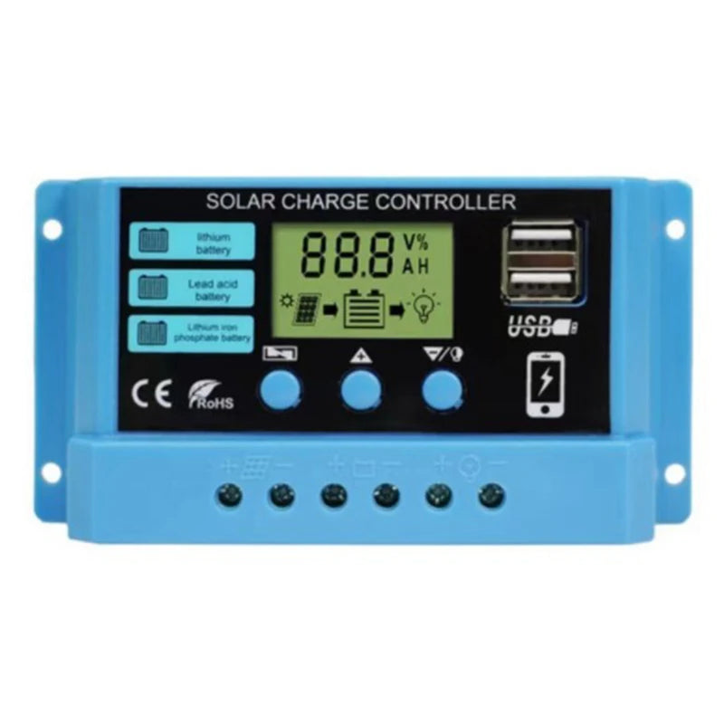 30A 20A 10A Solar Charge Controller 12V 24V Auto Solar Panel PV LCD Controller For Lead-Acid Battery, Lithium Battery Dual USB Qme