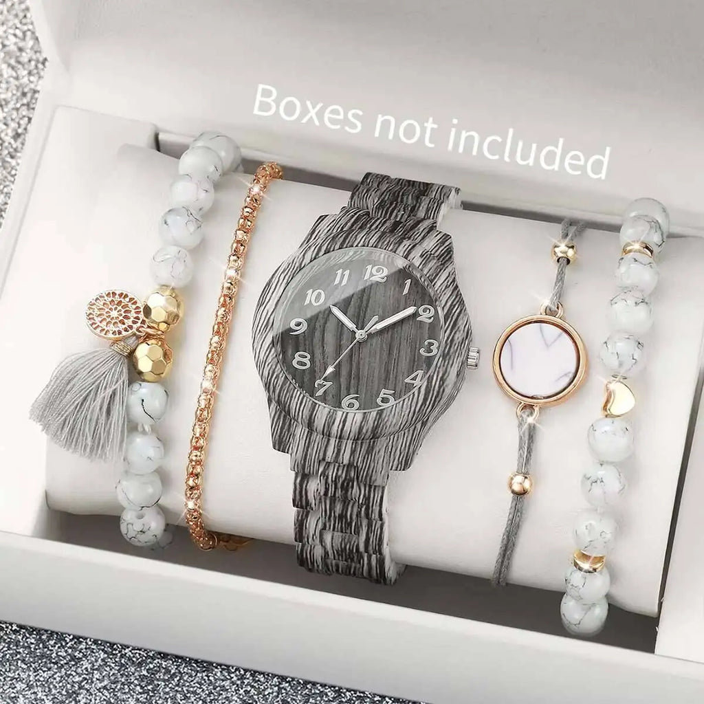 5PCS Fashion Women Watches Casual Wooden Pattern Plastic Band Quartz Watch Bracelets Set for Girls Clock Gift （Without Box） Qme 5PCS Set Without Box