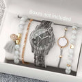 5PCS Fashion Women Watches Casual Wooden Pattern Plastic Band Quartz Watch Bracelets Set for Girls Clock Gift （Without Box） Qme 5PCS Set Without Box