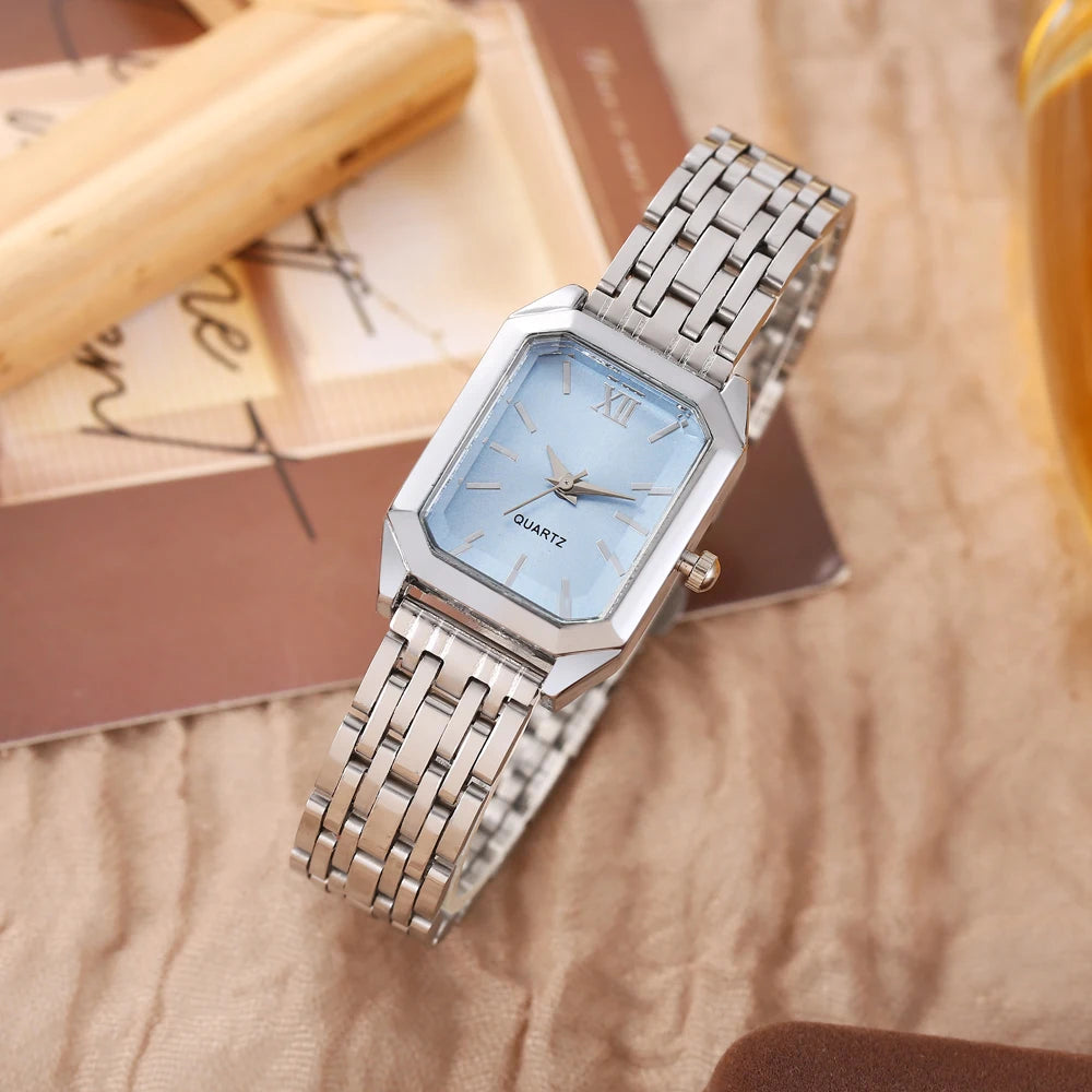 New retro square women's watch ins wind steel strip niche quartz watch medieval simple luxury student watch Qme Silver Blue