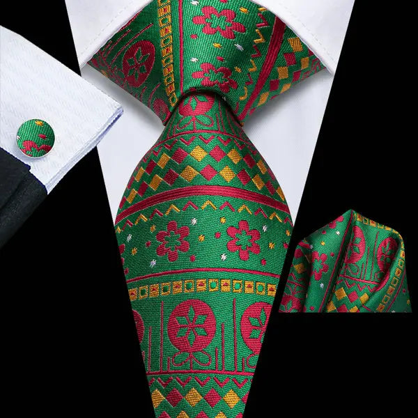 Christmas Green Tie Set 3 Pieces Men Necktie Pocket Square Cufflinks Xmas Wedding Party Suit Accessories Gifts for Dad Boyfriend Qme LDSN3835