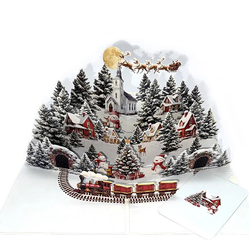 3D Christmas Card Night Before Scene Santa Reindeer Snowy Village Qme
