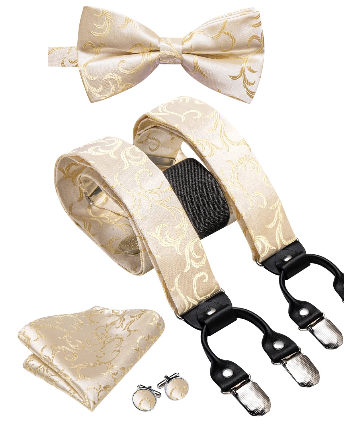 Hi-Tie Silk Men's Suspender Metal 6 Clips on Braces Bow Tie Hankerchief Cufflinks Male Wedding Party Business Vintage Adjustable Qme BD-3061
