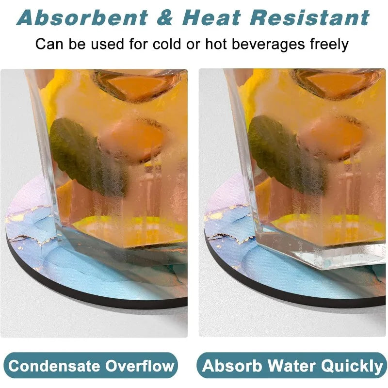Marble Veining Wooden Drink Coasters Round Absorbent Funny Cold Qme