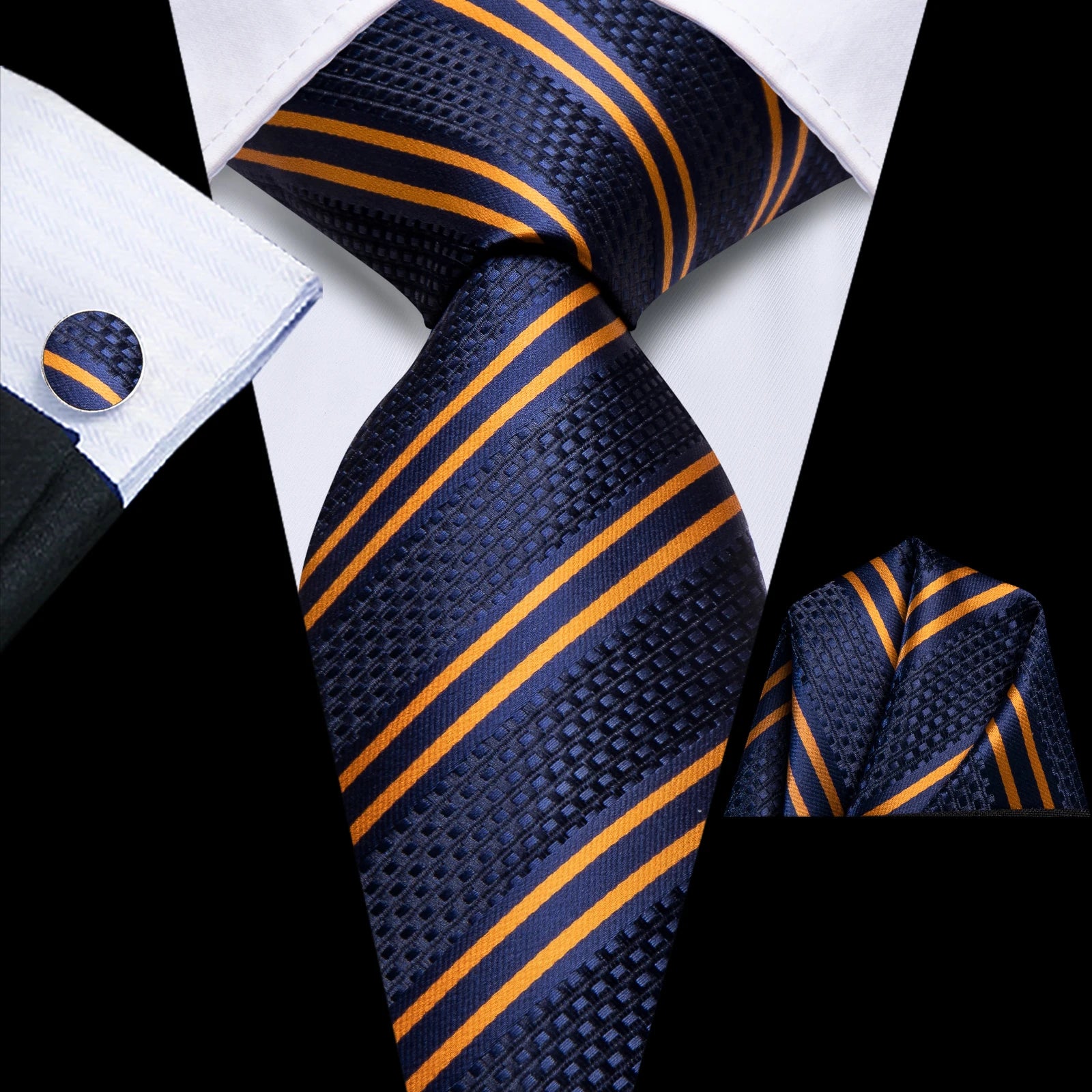 Extra Long Tie Set for Men, 3-Piece Wedding Accessories with Cufflinks & Pocket Handkerchief, Striped/Floral Design Qme DPTH-LDSN4072