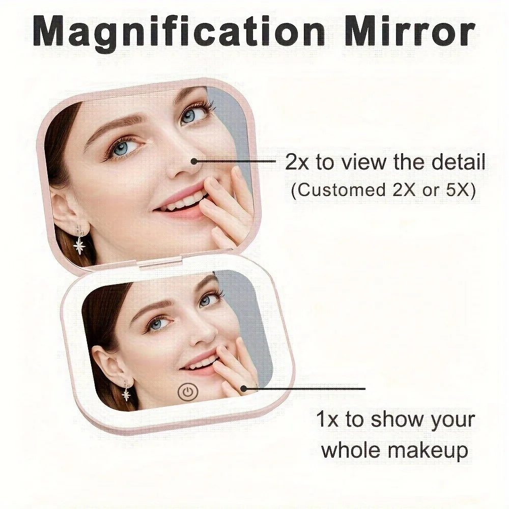 Compact Small Mini Travel Folding Vanity Cosmetic Mirror with Lights Portable HandHeld Pocket LED Makeup Mirror Qme