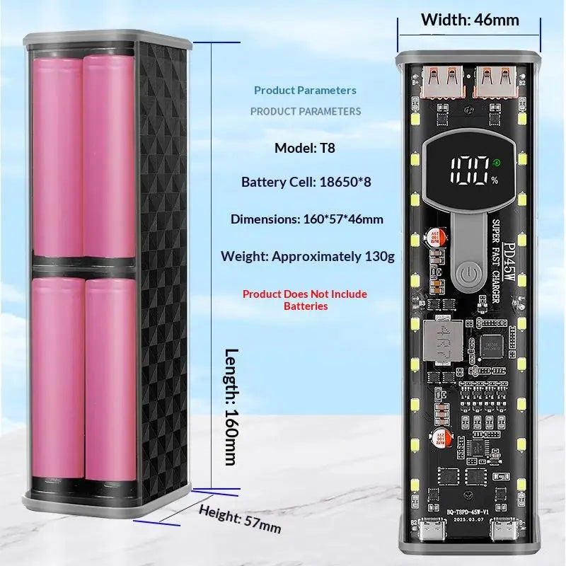 PD 45W Power Bank Case 8 Slot 18650 Battery Storage DIY Speed Qme