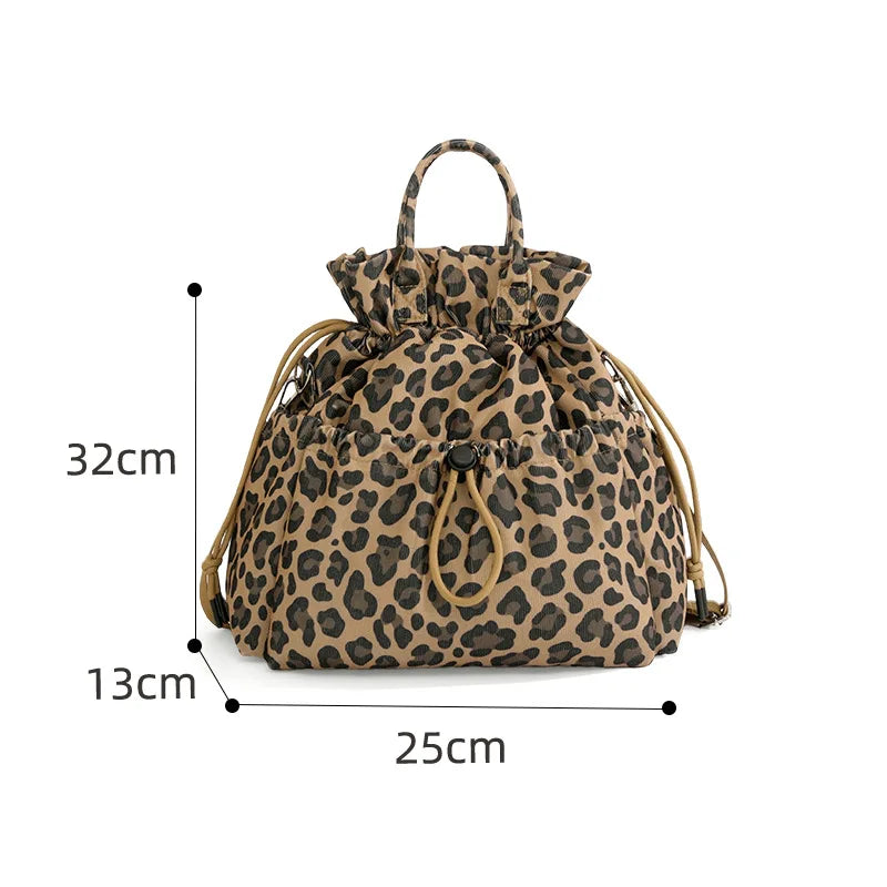 A High appearance drawstring lunch bag, student office worker insulated lunch box bag, hand-held large capacity lunch bag Qme Brown Leopard Print