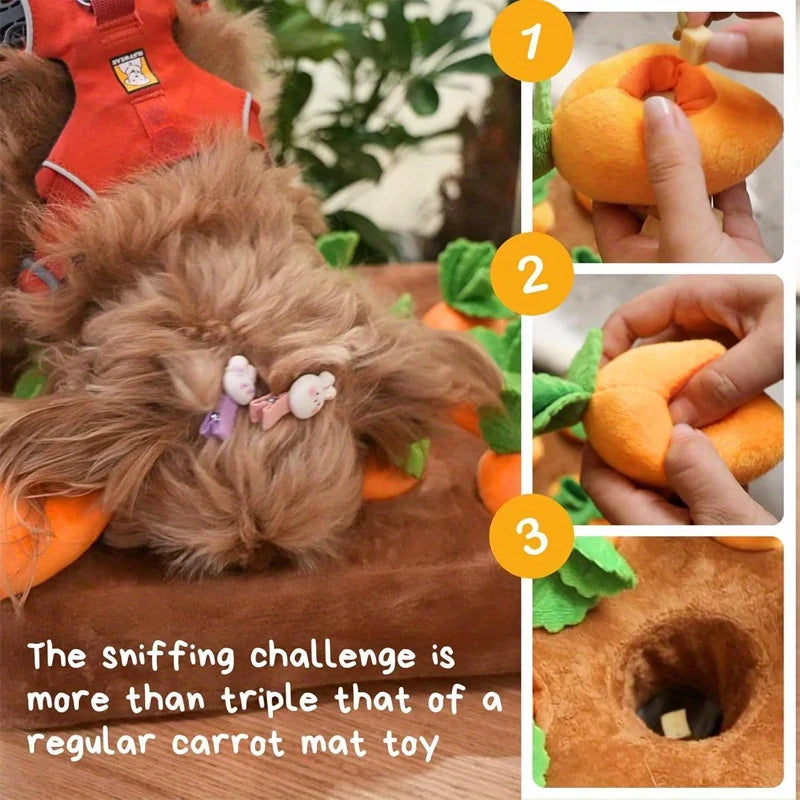 Interactive dog toy, carrot nose hair pad dog plush puzzle toy, nose hair feeding game pet stress relief with 4 carrots Qme
