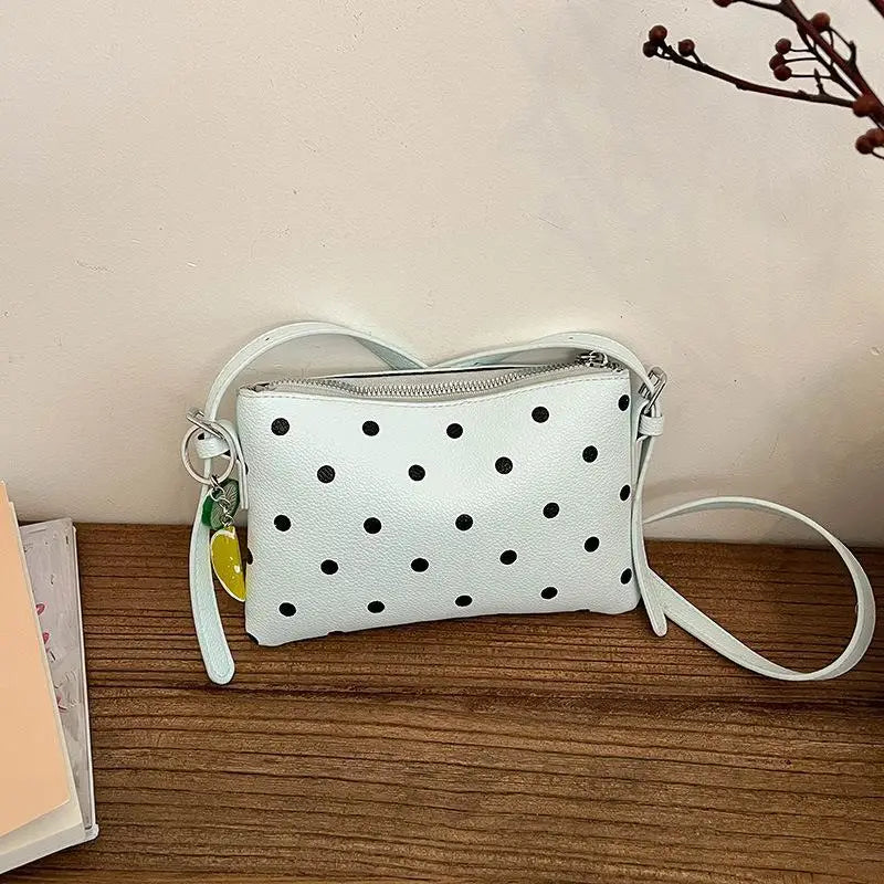 Color PU Leather Crossbody Bag Black Polka Dot Print Cute Fruit Charm For Daily Shopping Dating Casual Trips Qme A5