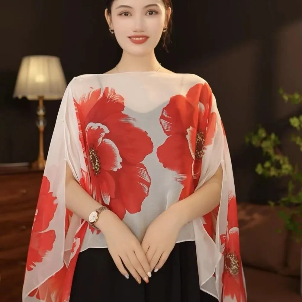 Multifuctional Breathable Shawl Flower Pattern Long Length Sun Protection Shawl Lightweight Breathable Fabric Chiffon Scarf Qme