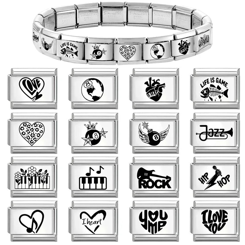 New Fashion Charm Italian Links Fit 9mm Stainless Steel Women Men Jewelry DIY Making Black Heart I Love you You Love Me Bracelet Qme