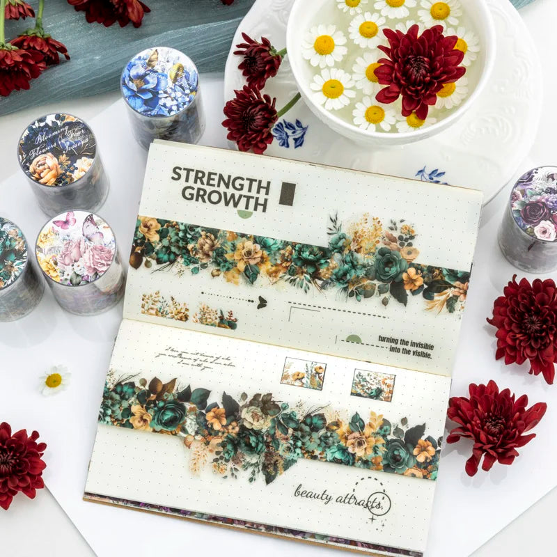 PET Tape flower Pattern Self-Adhesive Tape Sticker Decorative Masking Tape DIY Craft Decorative Tape For Scrapbooking Decoration Qme