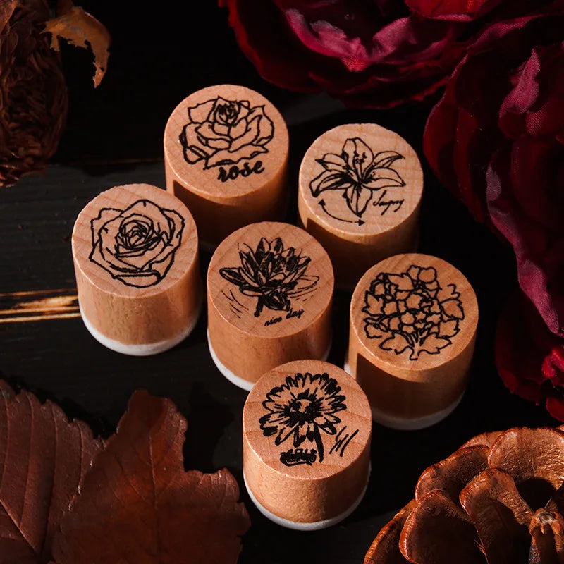 6 pcs Cartoon Text Flowers Week Wooden Rubber Stamp Scrapbooking Deco DIY Craft Standard Wooden Stamps Set Qme