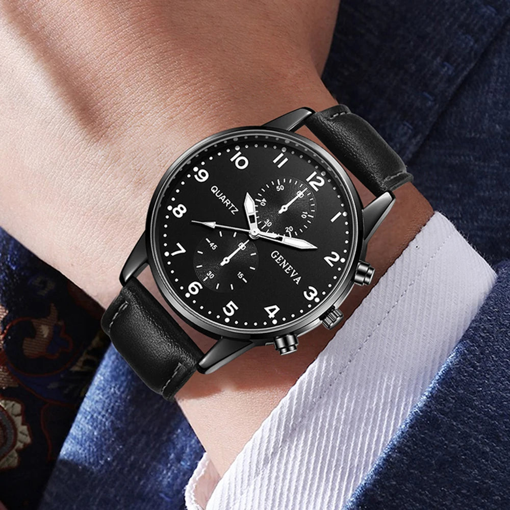 4PCS Black Men's Watch Set Business Fashion Quartz Watch Bracelet Necklace Earrings Ring Set Perfect Gift for Friends or Dad Qme