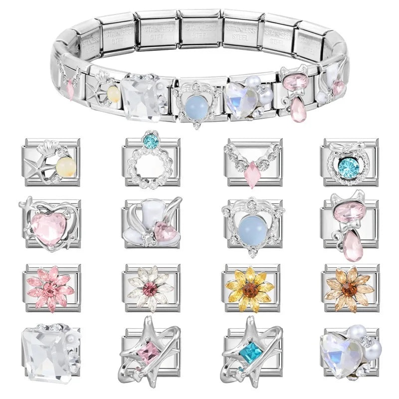 2026 Women Fashion Romantic Blue Heart Love Stars Square Shiny Zircon Italian Charms Fit 9mm Stainless Steel Bracelet Jewelry Qme