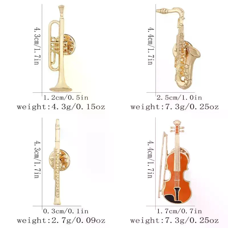 1Pcs Symphony Orchestra Badge Funny Musical Instruments Enamel Brooches Trumpet Clarinet Saxophone Violin Shaped Golden Pins Qme