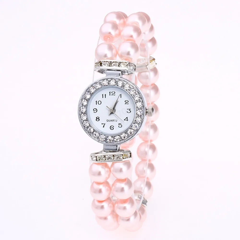 Fashionable And Versatile Exquisite Luxury Ladies’ Pearl Chain Round Dial Diamond Edge Embroider Quartz Watch Suitable For Party Qme Pink