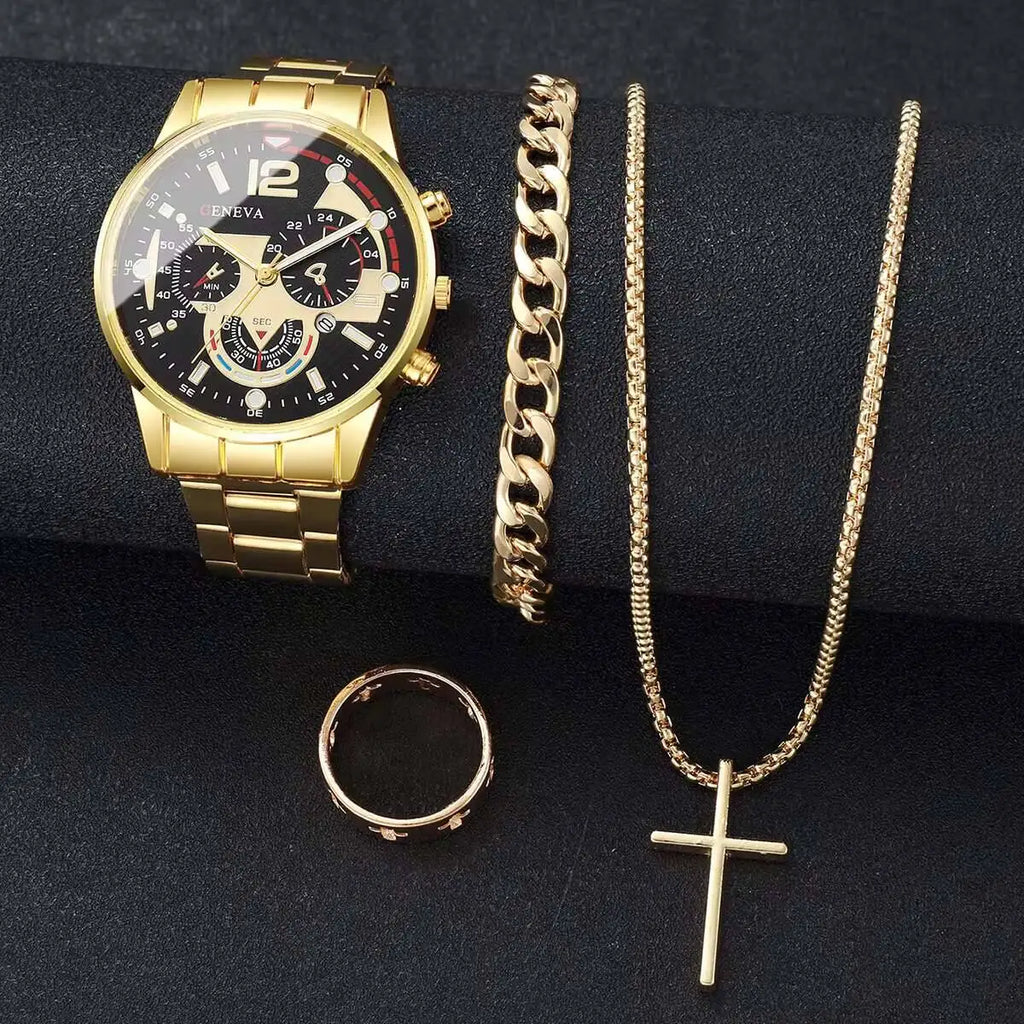 Business Men's Watch Calendar Watch Men's Steel Belt Watch Cross Bracelet Set Trendy Men's Accessories Qme gold