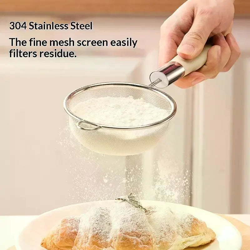 Stainless Steel Mesh Filter Spoon Juice Soybean Milk Strainer Plastic Handle Flour Sieve Colander Kitchen Baking Utensils Qme