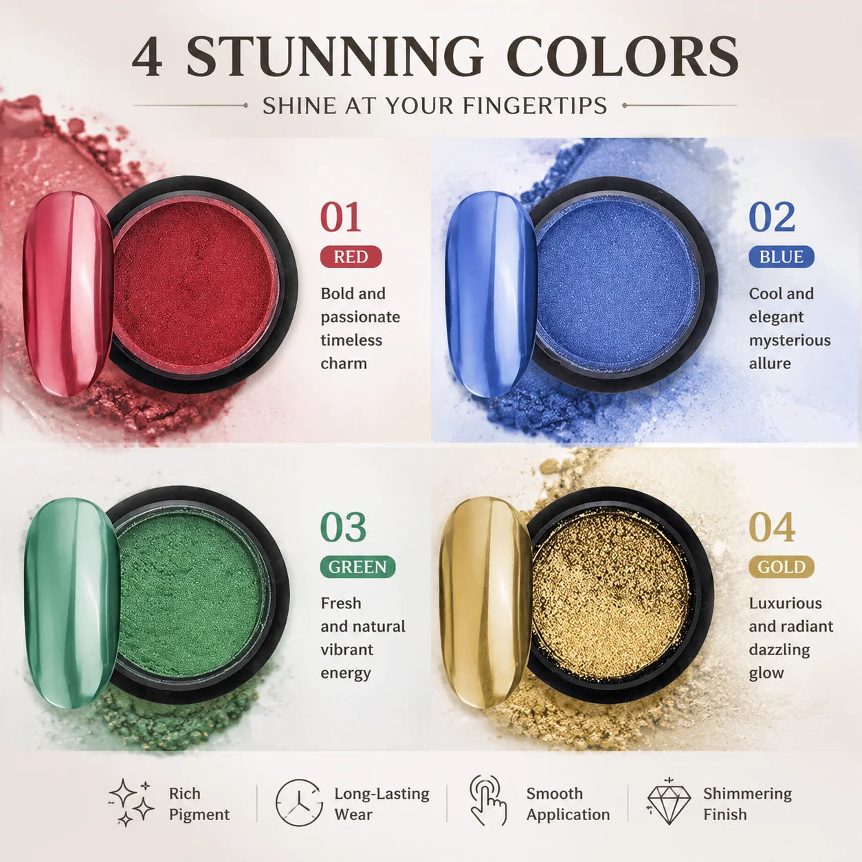 4 Colors Premium Mirror Nail Powder Metallic DIY Decorations Stone Qme