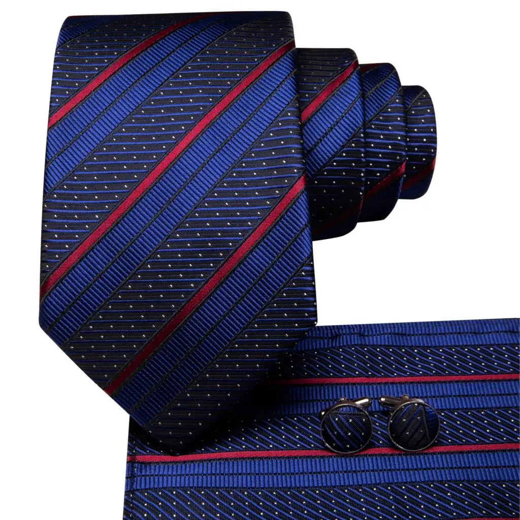 Hi-Tie Striped Navy Blue Mens Fashion Necktie Handkerchief Cufflinks for Tuxedo Accessory Classic Silk Luxury Tie for Man Gift Qme